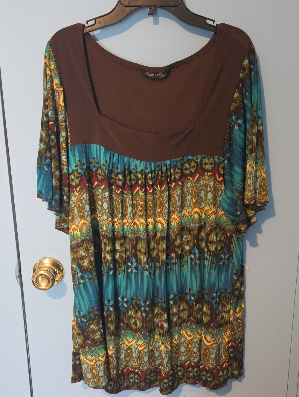 Only Mine Teal and Brown Printed Scoop-Neck Tunic